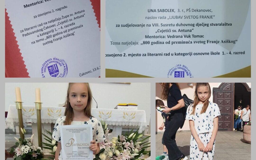 Učenici naše škole nagrađeni na dodjeli priznanja na VIII. Susretu duhovnog dječjeg stvaralaštva „Cvjetići svetog Antuna“